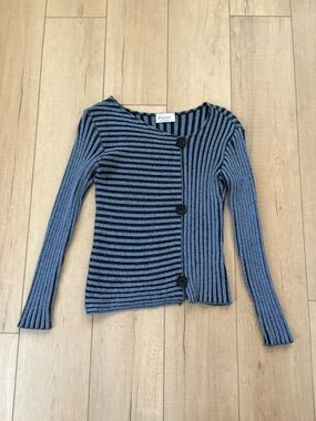Ribbed Blue and Black Striped Button-Front Sweater